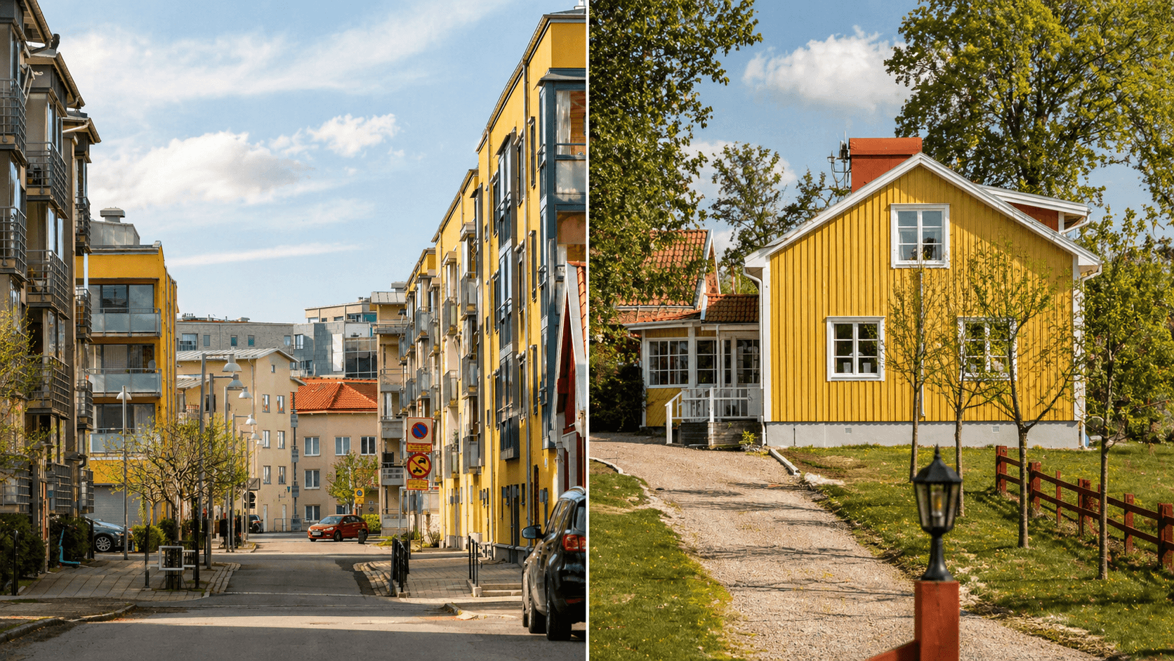 Två olika bostadsadresser med stadsmiljö och småhusmiljö sida vid sida