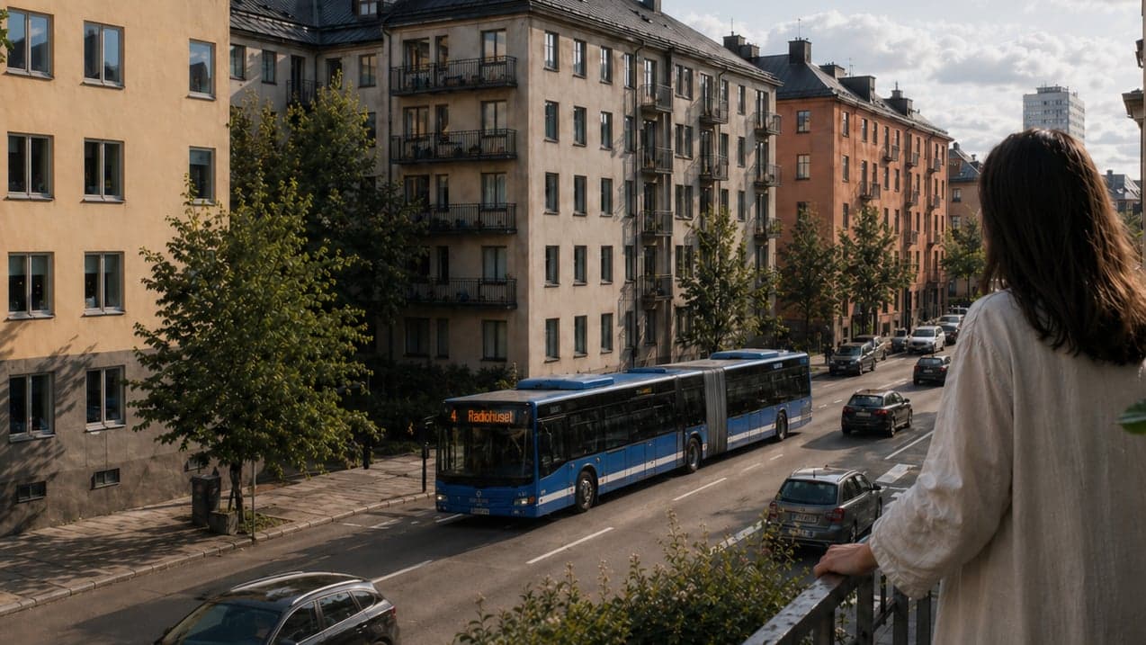 Vy från balkong över trafikerad bostadsgata med buss och bilar