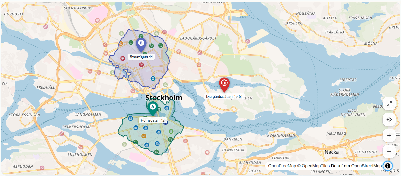 Exempel på en jämförelse på Lägeskollen: Hornsgatan 42 och Sveavägen 44 i Stockholm med restidsområden, närliggande service och en egen plats utmarkerad på kartan