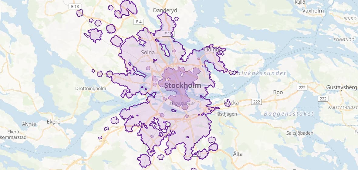 Restidskarta från T-Centralen i Stockholm som visar områden inom 30 minuters kollektivtrafik