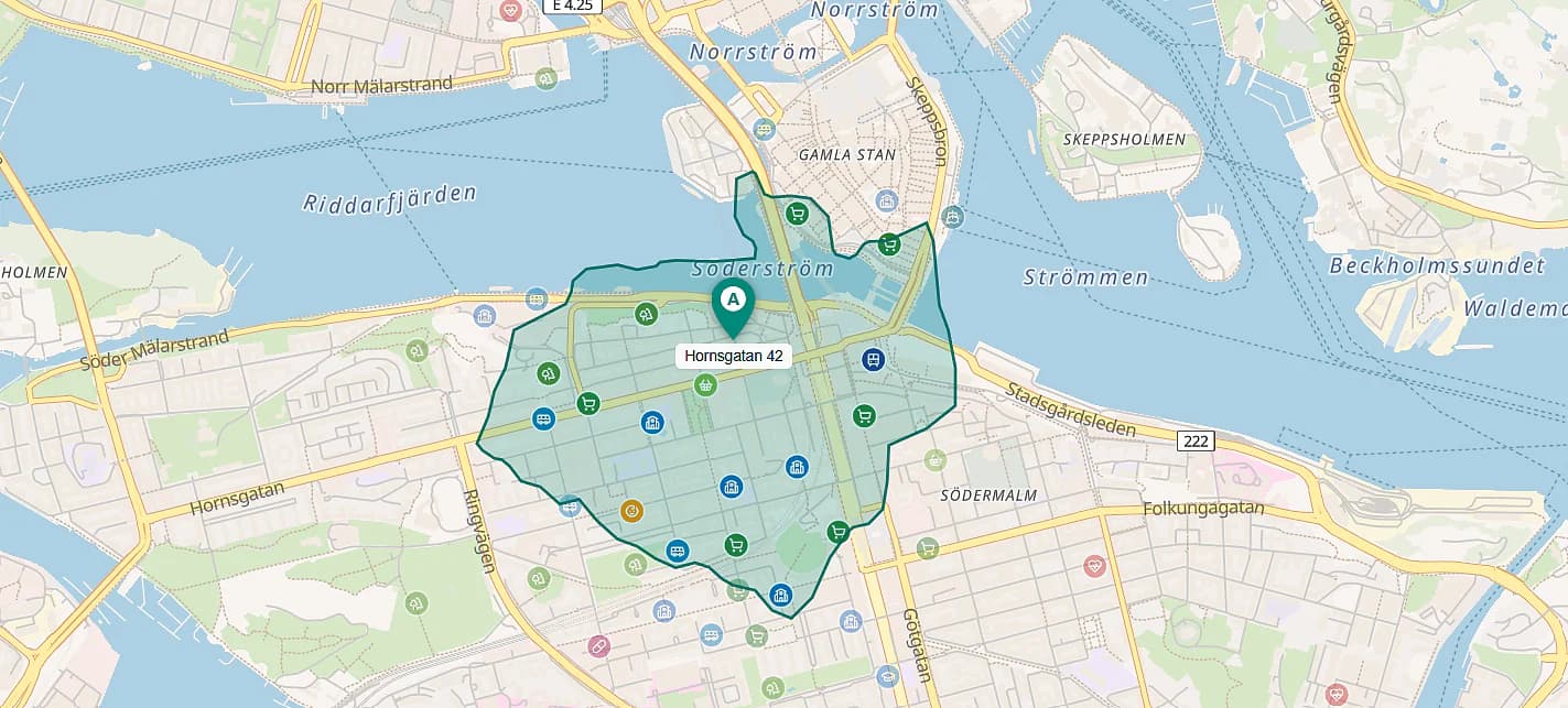 Karta över området runt Hornsgatan 42 på Södermalm i Stockholm med gångavstånd markerat