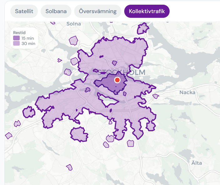 Kollektivtrafikkarta som visar restider från adressen