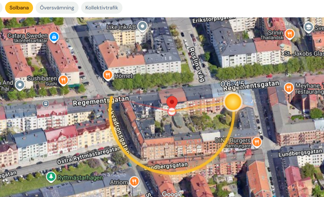Solbanekarta som visar solens bana över adressen